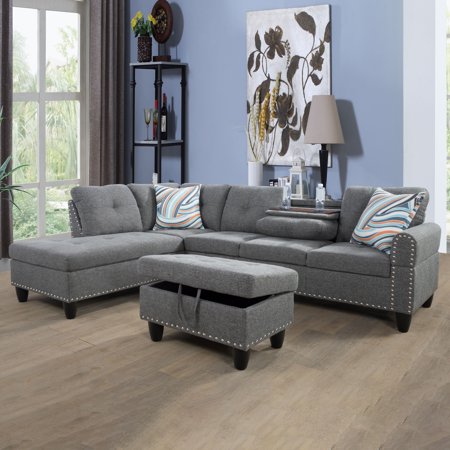 Starhome Linen Sectional Sofa, 6 Seats Sleeper Couch with Reversible Chaise, Storage Ottoman, Modular L Shaped Sectional Sofa with Extra Headrests, Living Room Furniture for Apartment, Dark Gray