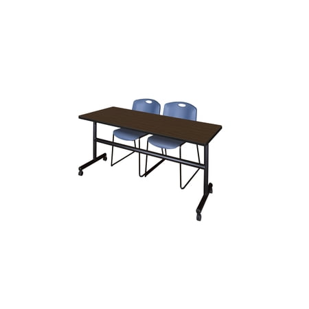 Regency Kobe 72 x 30 in. Flip-Top Training Nesting Table- Neo Walnut 2 Zeng Stack Chairs- Blue