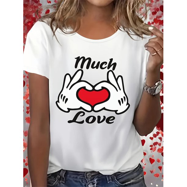 Large Size 220g, Valentine's Day Heart Print Women's T-Shirt - Casual Short Sleeve, Round Neck, Machine Washable Tee For Adult, Men, Women, Teen, Teenager, Adolescent, Youth