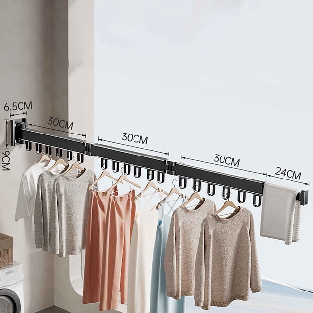 Meitianfacai Folding Clothes Drying Rack for Laundry, Retractable & Collapsible Wall Mounted Clothes Hanger Rack,Durable Heavy Black Clothes Hanger Rack