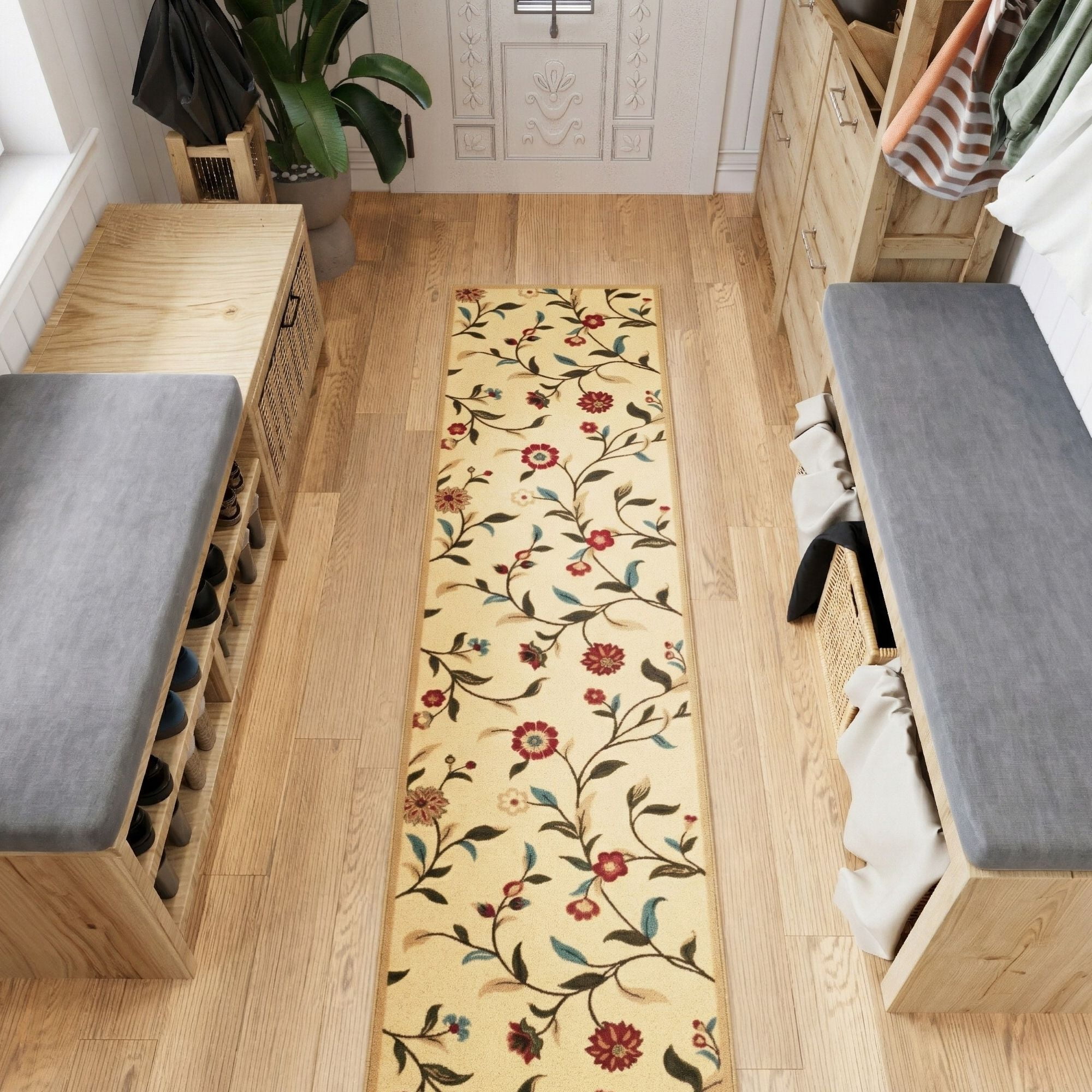 Ottomanson Extra Long Runner Rug 1'10.5" x 29' – Non-Slip Low Pile Hallway Carpet, Floral Beige