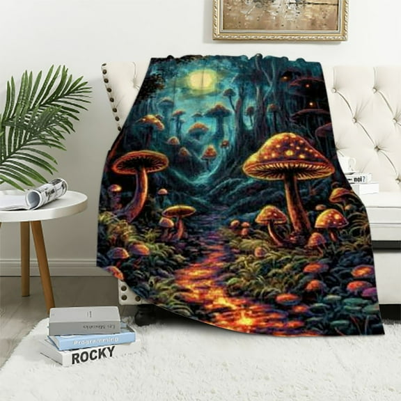 BCIIG  Thin Mushroom Throw Blanket Gift for Men Women, Novelty Vintage Boho Mushroom Moon Landscapes Blanket Throw for Home Couch Bed, 50x60 inches, Soft Flannel, Vacuum Packaging 40x50in
