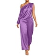 thumbnail image 2 of LEKWK Two Piece Sets for Women Dressy Satin One Shoulder Short Sleeve Top and High Waist Wide Leg Pants Summer Vacation Wedding Guest Outfits, 2 of 6