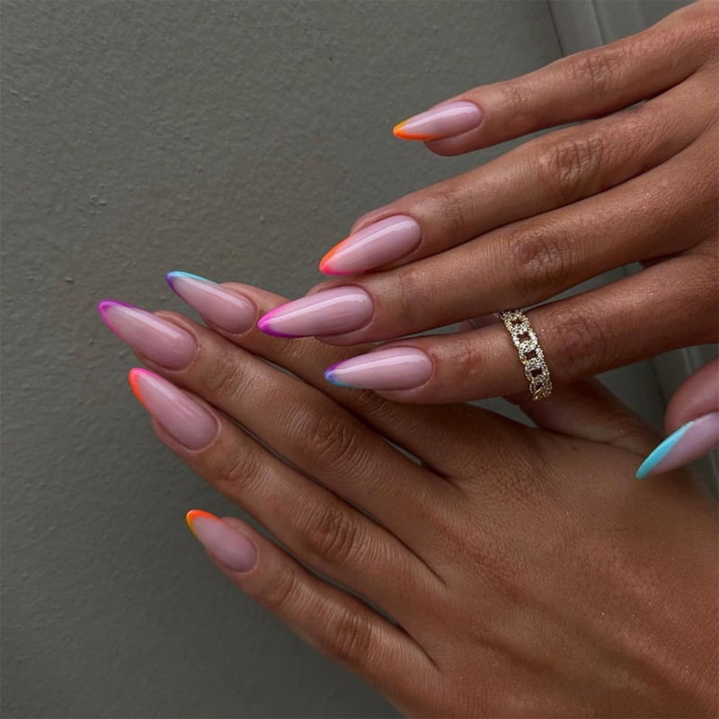 24Pcs Long Almond Fake Nails with White Edge Design Wearable French Press on False Nails Simple Full Cover Nail Tips Manicure