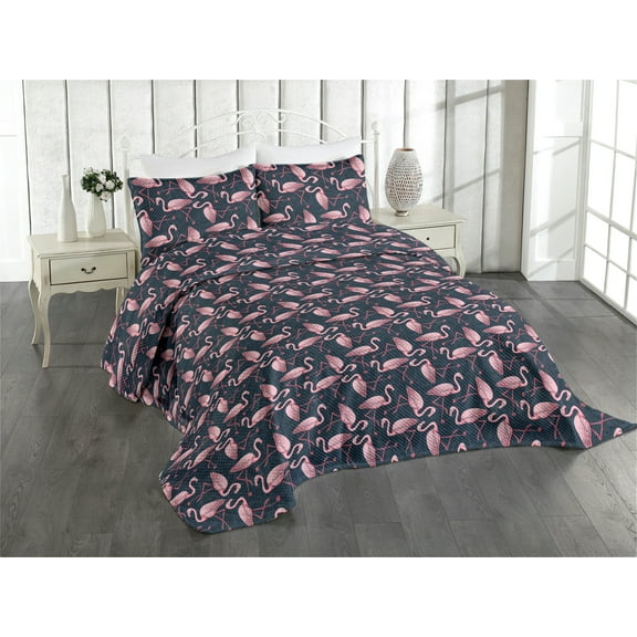 Ambesonne Exotic Quilted Coverlet 3 Pcs, Flamingo Tropical Atmophere, King Size, Pale Pink Dark Sky Blue