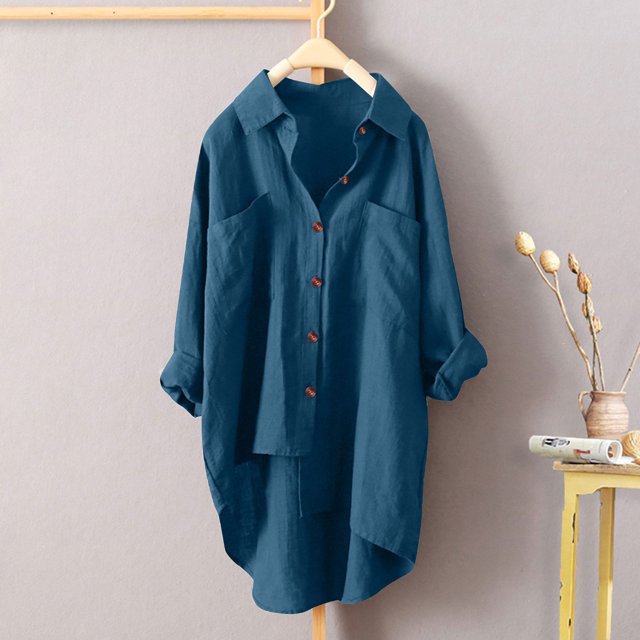 RXIRUCGD Women's Linen Shirt Roll-Up Sleeve Tops Button Irregular Tunic Pockets Blouse, Navy, Size: S