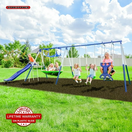 Sportspower Outdoor Rosemead Metal Swing Set with Roman Glider, Saucer, and 6' Double Wall Slide with Lifetime Warranty