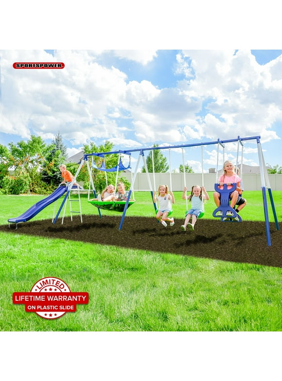 Sportspower Outdoor Rosemead Metal Swing Set with Roman Glider, Saucer, and 6' Double Wall Slide with Lifetime Warranty