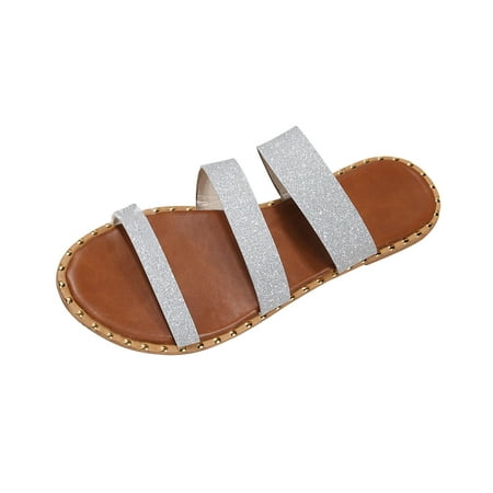 

Slide Sandals for Womens Girls Dressy Summer Beach Wear Bling Rhinestone Cute Open Toes Three Band Flat Sandals Travel Slipper Shoes