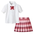 thumbnail image 4 of Girls Uniform Outfit Short Sleeve Puff Sleeve Collared Shirt Plaid Pleated Skirt Set 2 Piece Red 11-12 Years, 4 of 6