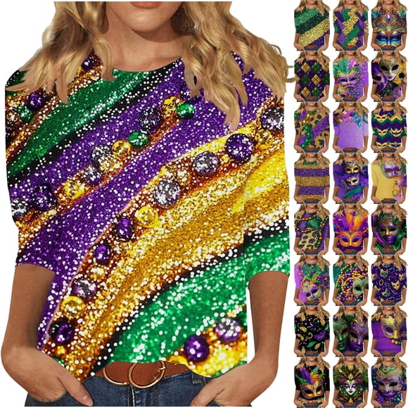 3/4 Sleeve Mardi Gras Outfit for Women Casual Lightweight Party Shirt Crewneck Carnival Tops Stretchy Soft Loose T-Shirts Gold Tops,Size S-5XL