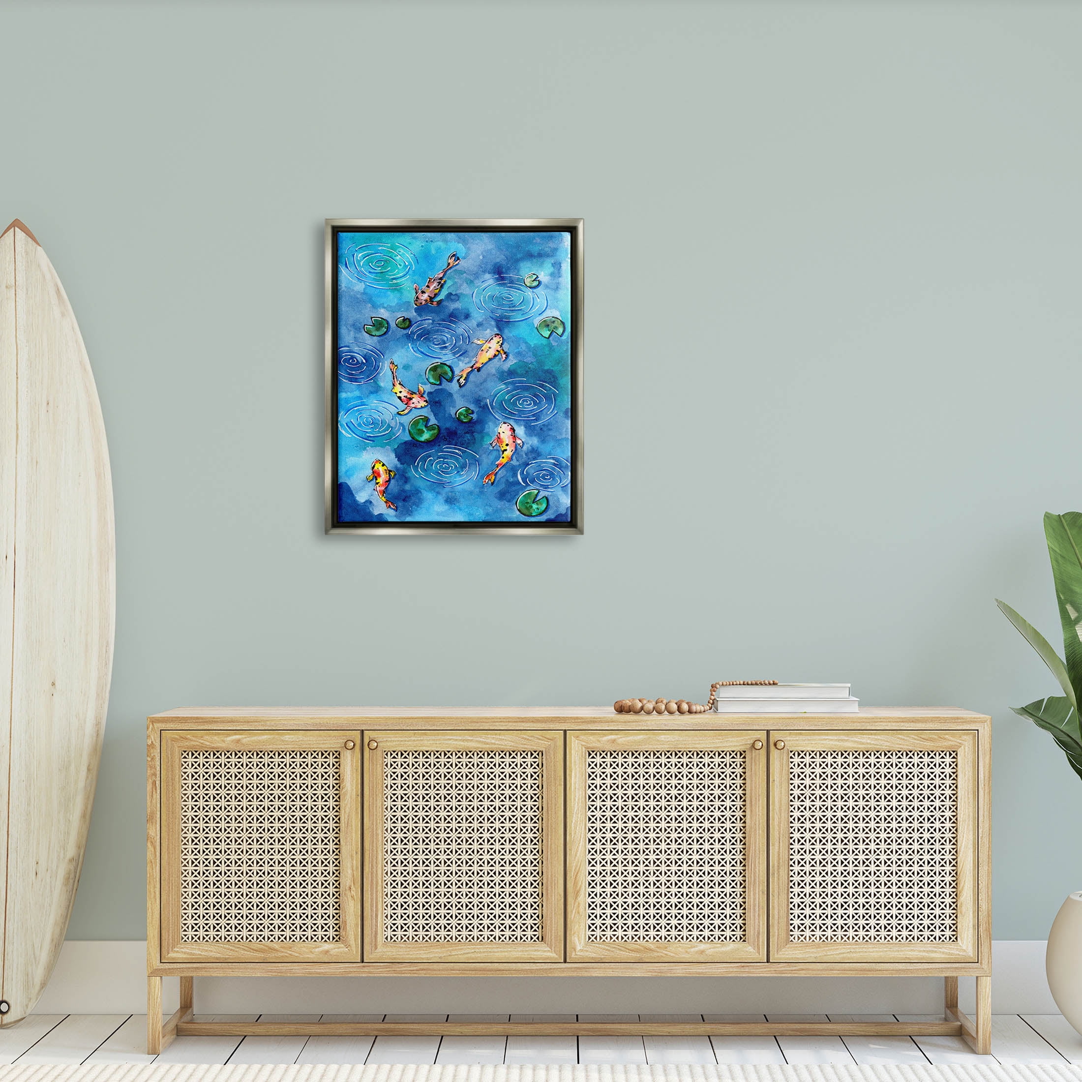 Koi Fish Ripples Pond Lilies Animals & Insects Painting Luster Gray Framed Art Print Wall Art