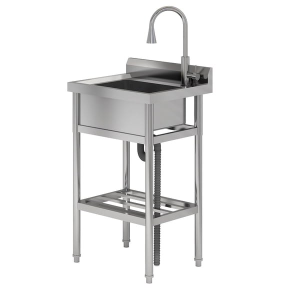 Freestanding Stainless Steel Utility basin – Single Basin, Integrated Workbench, Heavy-Duty 360° Pull-Out Faucet, Hot & Cold Water
