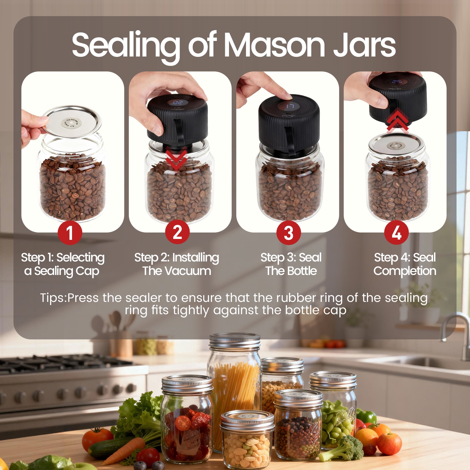 Uarter Mason Jar Vacuum Sealer with 30 Lids, Electric Vacuum Sealer Machine with Wide&Regular Mouth Mason Lids/Vacuum Bags for Food Storage