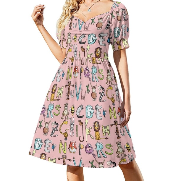Vestido de verano de mujer de manga corta con divertido alfabeto de animales de colores, cómic, letras y animales, 2025.