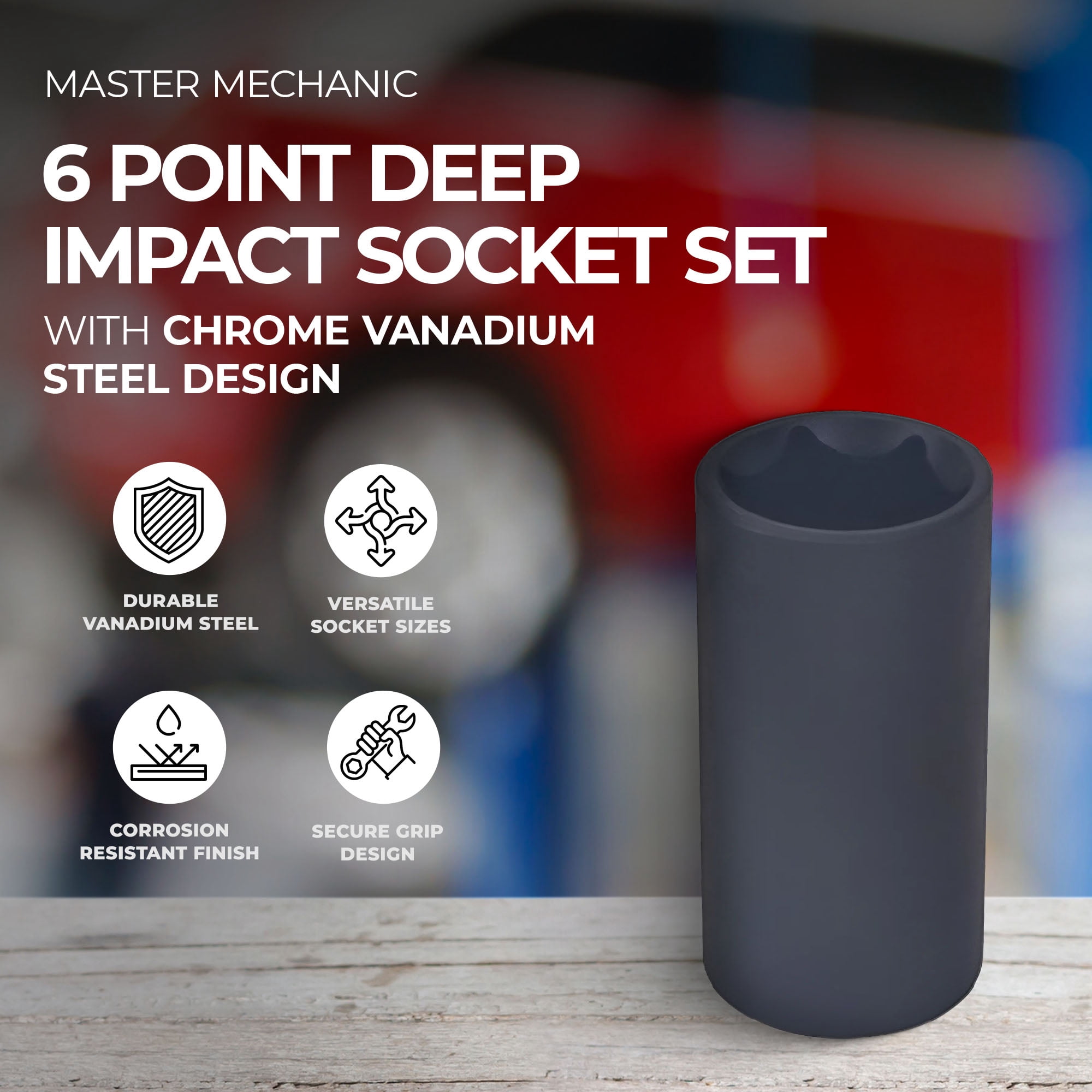 Master Mechanic 6 Point Deep Impact Socket Set with Chrome Vanadium Steel