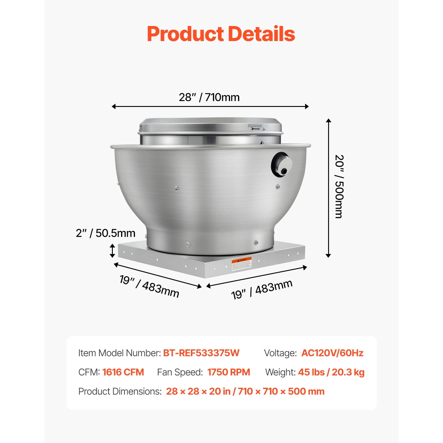 KFFKFF Commercial Kitchen Exhaust Fan, 1616 CFM Canopy Hood Ventilation System, 0.5HP 375W Direct Drive Unit for Food Trucks, Efficient and Quiet Operation, Suitable for Warehouses
