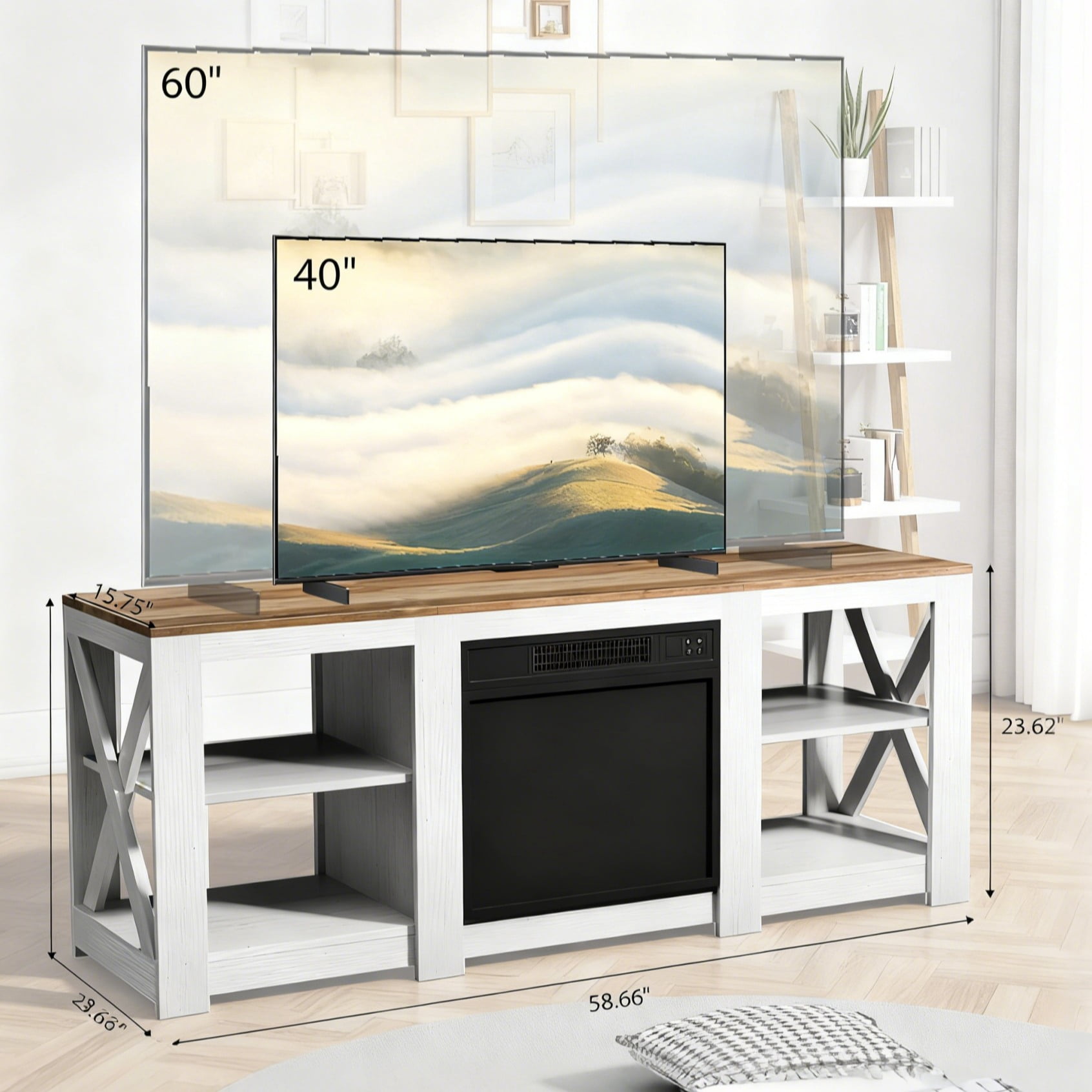 Ktaxon Farmhouse TV Stand with 18in Fireplace, Modern Entertainment Center TV Stand Display Table for 55/60/65" TVs with Open Storage, Off White
