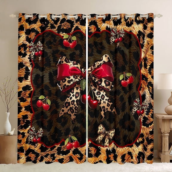 Erosebridal Leopard Print Bowknot Black Out Curtains For Kids,Cute Cherries Cute Bows Girls Curtains Pack of 2 (42x63 Each)