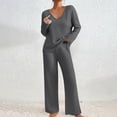 thumbnail image 2 of vigerkar 2 Piece Outfits for Women Long Sleeve Vneck Tops and Wide Leg Pants Ribbed Matching Lounge Set (Dark Gray, S), 2 of 7