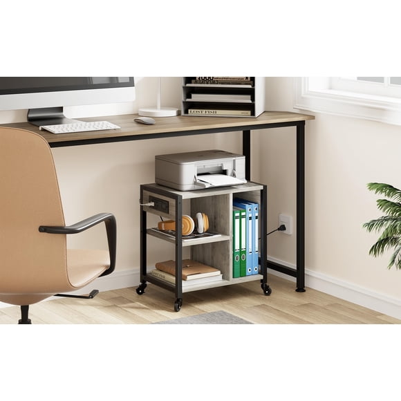 GloryStar Under Desk Printer Stand with Charging Station, Industrial Printer Table with 3 Storage Shelves, Mobile Heavy Duty Printer Cart with Lockable Wheels for Paper Storage, Home Office