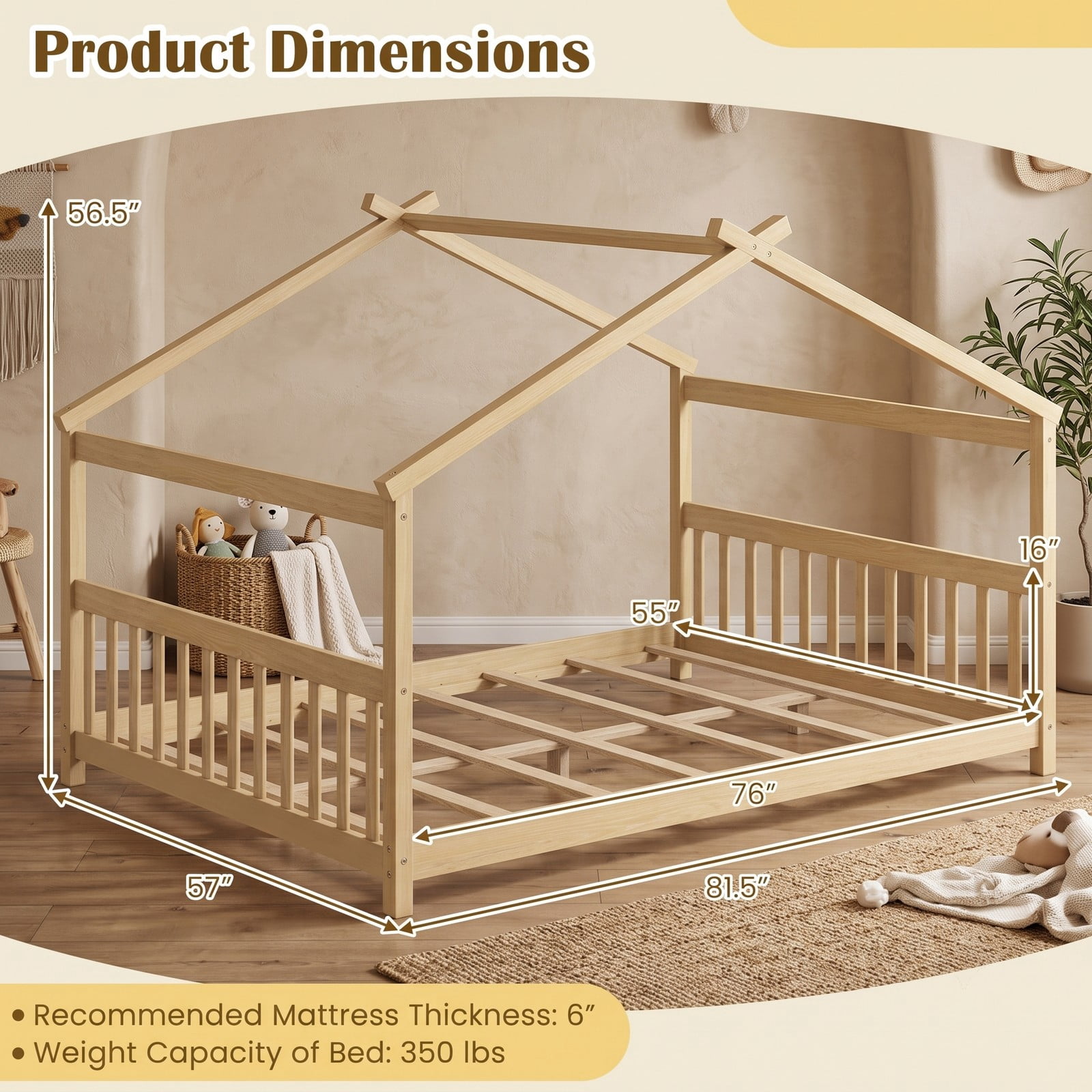 Furnibear Full Size House Bed Montessori Floor Bed with Peaked Roof and Guardrails, Wood Slat Platform Floor Bed for Kids Room, Natural