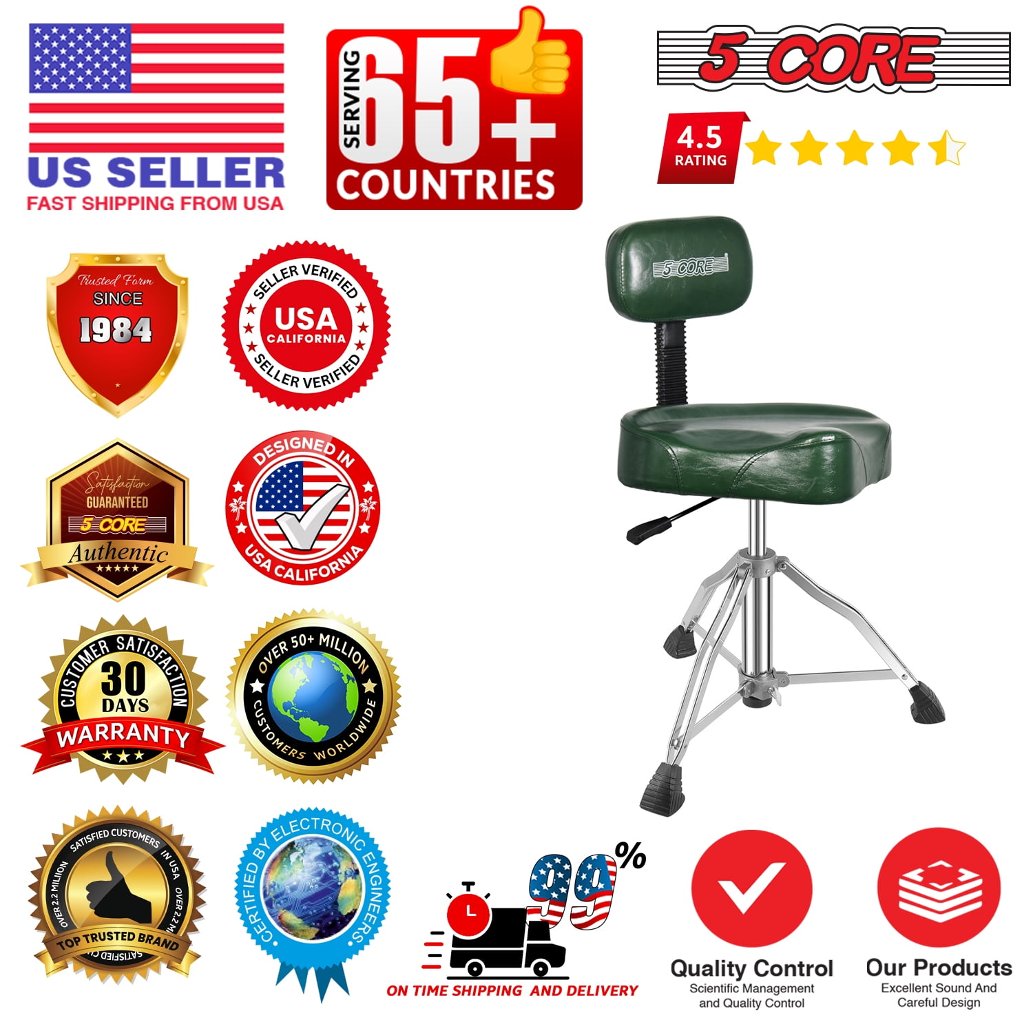 5 Core Drum Throne w Backrest 4" Padded Stool Adjustable 24.5" Drummer Chair w 441Lb Capacity