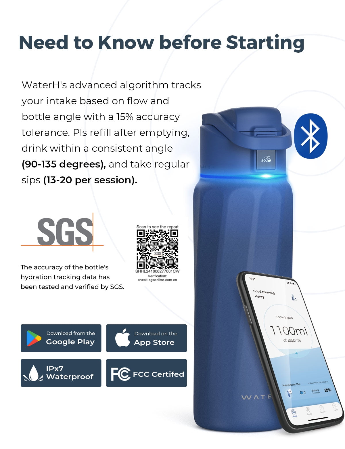 WaterH Boost 24 oz Magnetite Blue Stainless Steel Smart Water Bottle