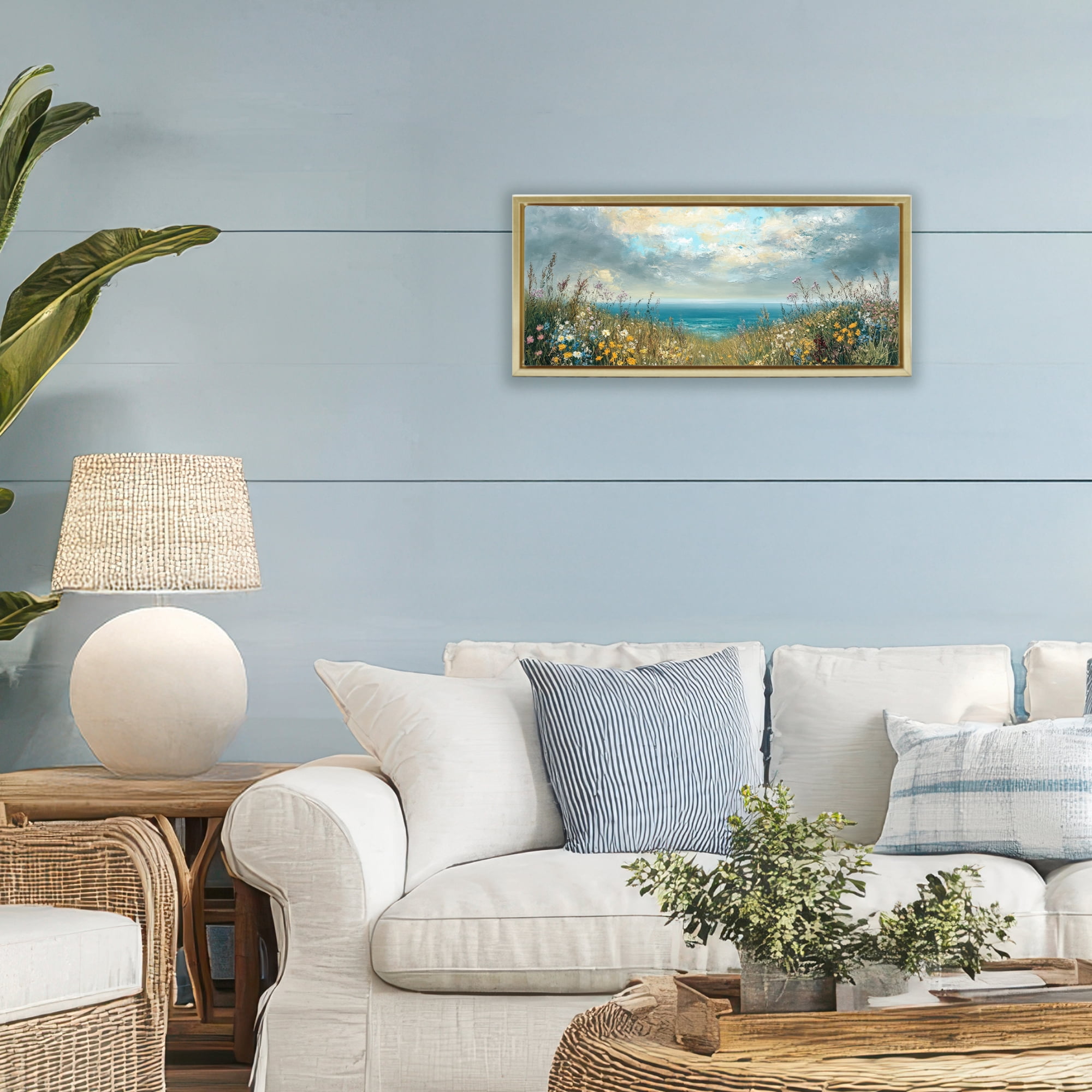 Stupell Industries Scenic Coastal Flowers In Bloom Gold Framed Floater Canvas Wall Art, design by Petal Prints Design