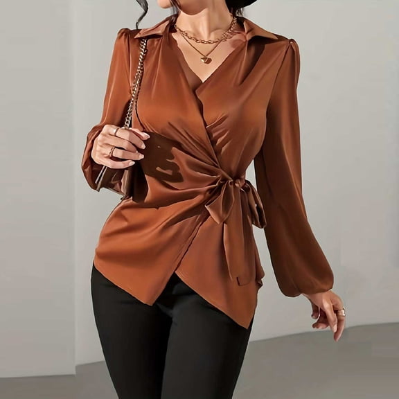 Wowcloth Woman's Satin Blouse, Casual Fashion Solid Color with Cross Side Tie, Long Sleeve V-Neck for Daily and Office Wear