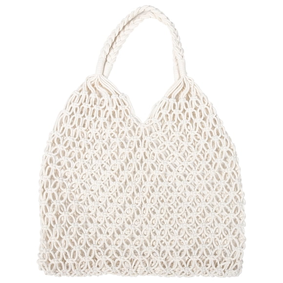 Miangastore Hollow out Mesh Knitted Bag Handmade Beach Cotton String Bag Unlined Shoulder Bag (White)