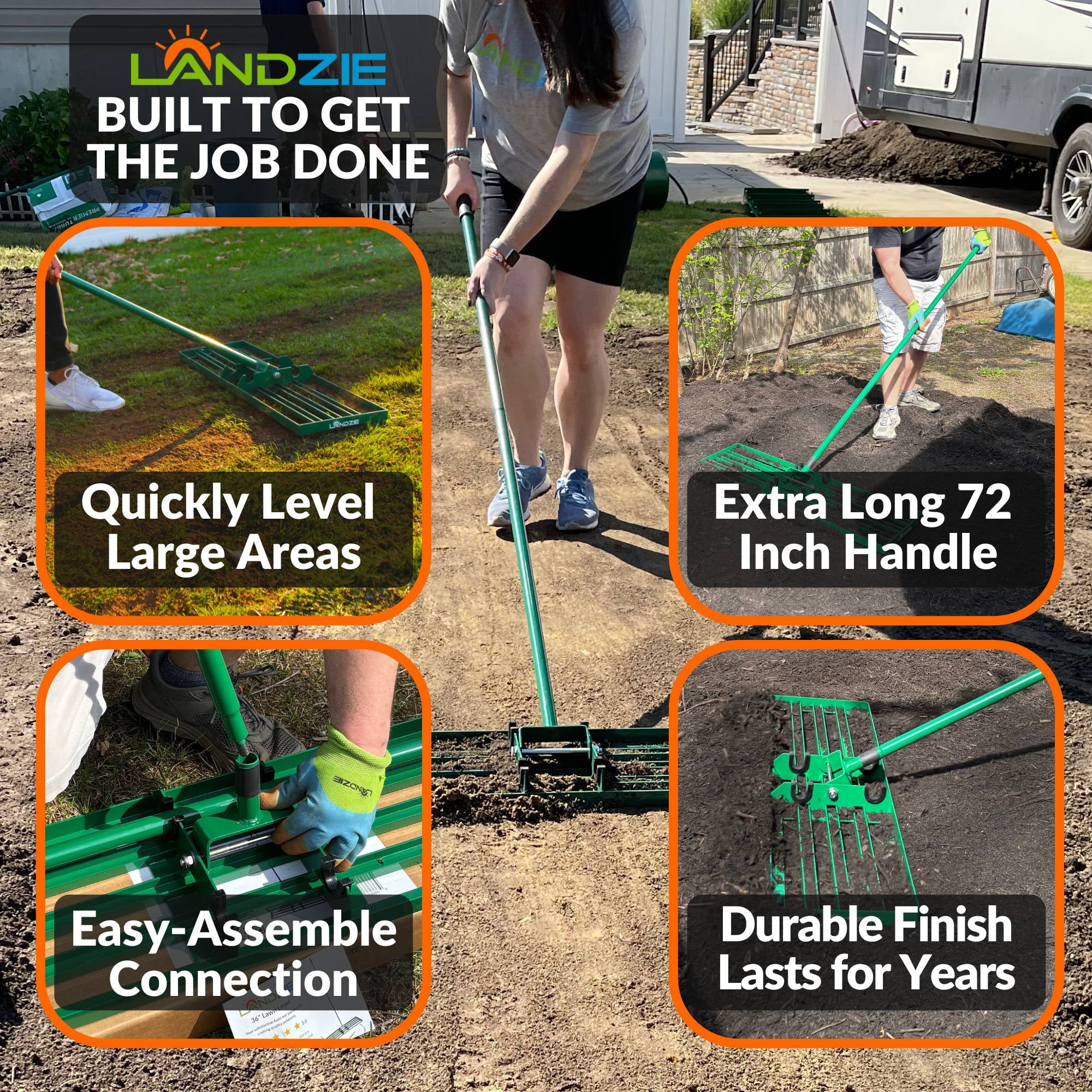 LANDZIE Lawn Leveling Rake - 36 Inch Wide 72 inch Handle Powder Coated Yard, Garden, and Lawn Leveling Tool - Professional Lawn Care Landscaping Tools
