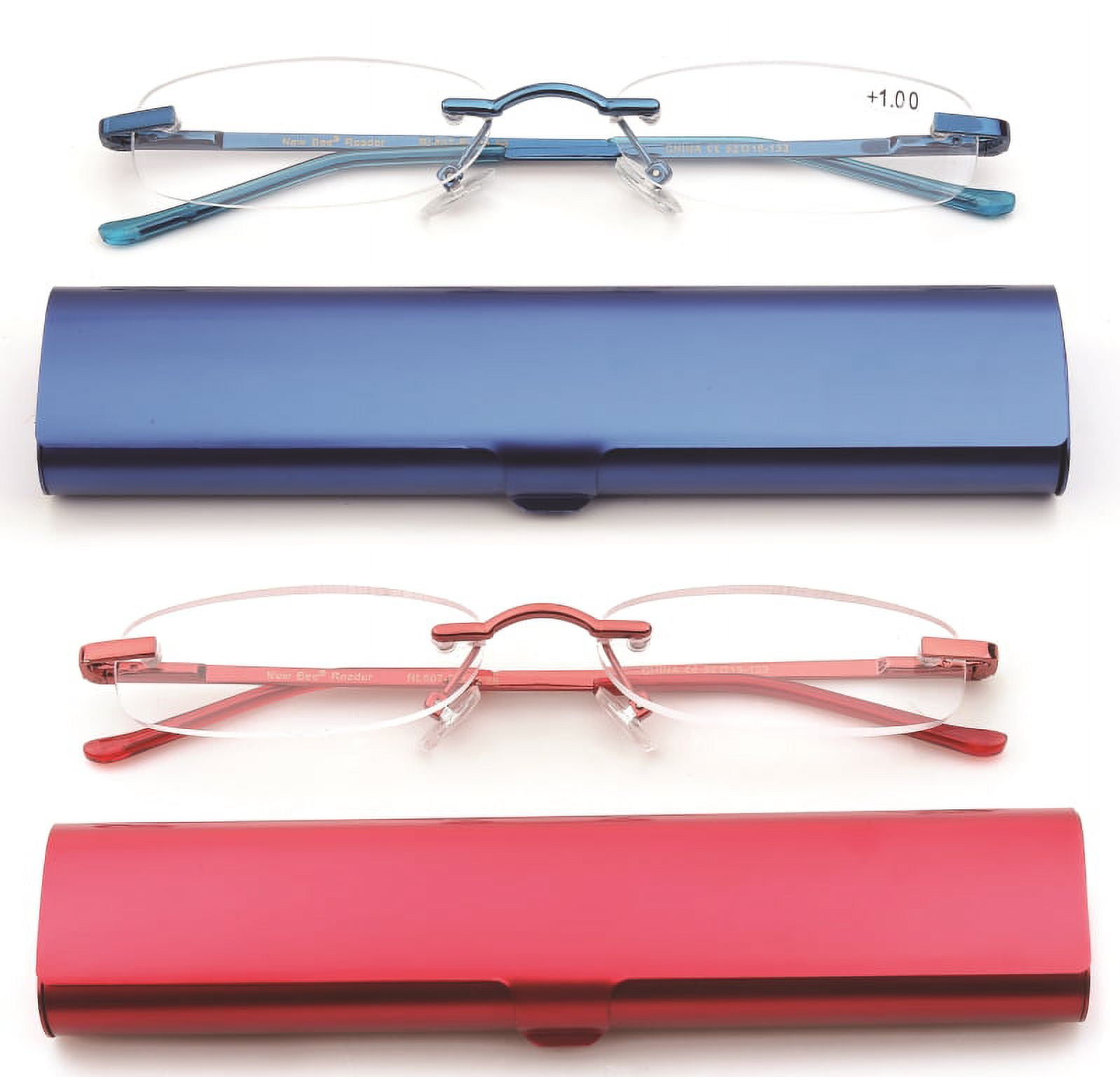 Newbee Fashion-Portable Compact Reading Glasses in Aluminum Case Metal Rectangle Rimless Reading Glasses Super Lightweight Reader Slim Design Comfort Fit 2 Pack Blue & Red 1.00