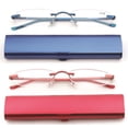 thumbnail image 3 of Newbee Fashion-Portable Compact Reading Glasses in Aluminum Case Metal Rectangle Rimless Reading Glasses Super Lightweight Reader Slim Design Comfort Fit 2 Pack Blue & Red 2.75, 3 of 3