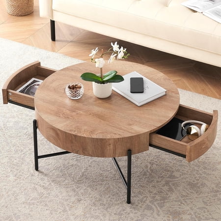 Round Coffee Table Living Room Wood Center Table with Two Drawers Farmhouse Coffee Table Rustic Circle Cocktail Table Metal Legs, Easy Assembly, Natural