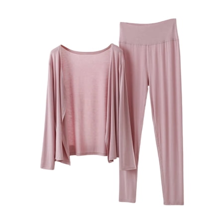 Pajama Sets for Women Long Sleeve Solid Color Cardigan and High Waist Trousers Loungewear Pink M