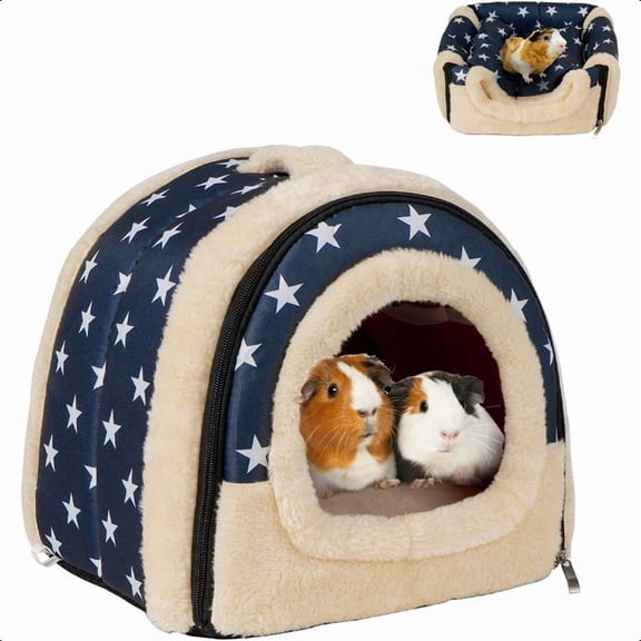 Guinea Pig Hideout House - 2-in-1 Cave Bed with Tunnel - Machine Washable Plush - 10"x10"x10" for Hamsters, Chinchillas, Hedgehogs - Double-Sided Cushion for Warmth & Comfort