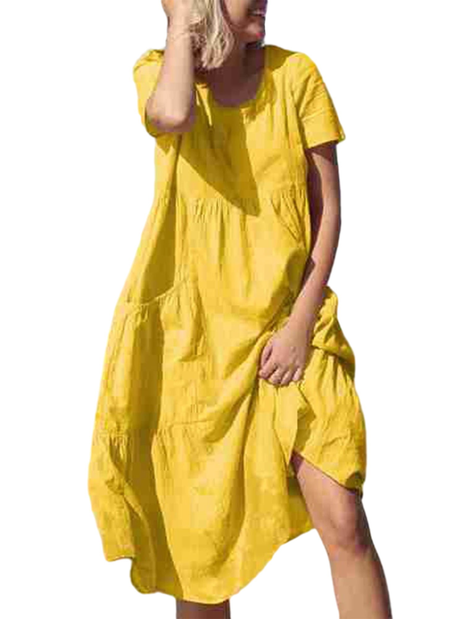 Bomotoo Ladies Summer Beach Sundress Pockets Midi Dress Solid Color ...