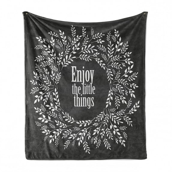 Enjoy the Little Things Soft Flannel Fleece Blanket, Blooming Wreath with Calligraphy on Greyscale Backdrop, Cozy Plush for Indoor and Outdoor Use, 60" x 80", Charcoal Grey and White, by Ambesonne