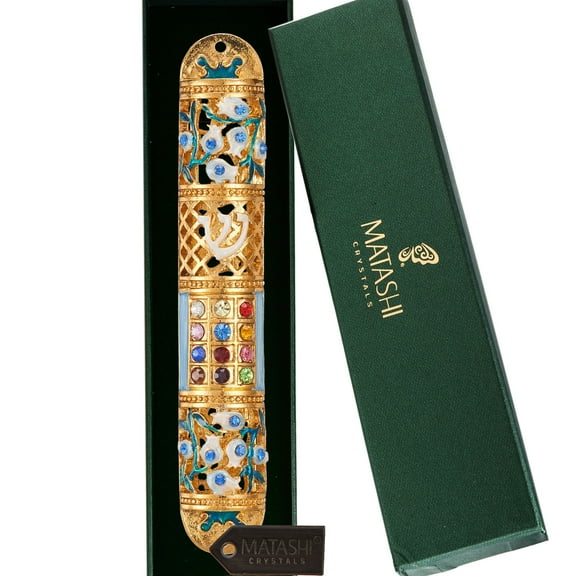 Matashi Hand Painted 6"  Floral Design Enamel Mezuzah Embellished w/ Multi Colored fine Crystals and Gold Accents
