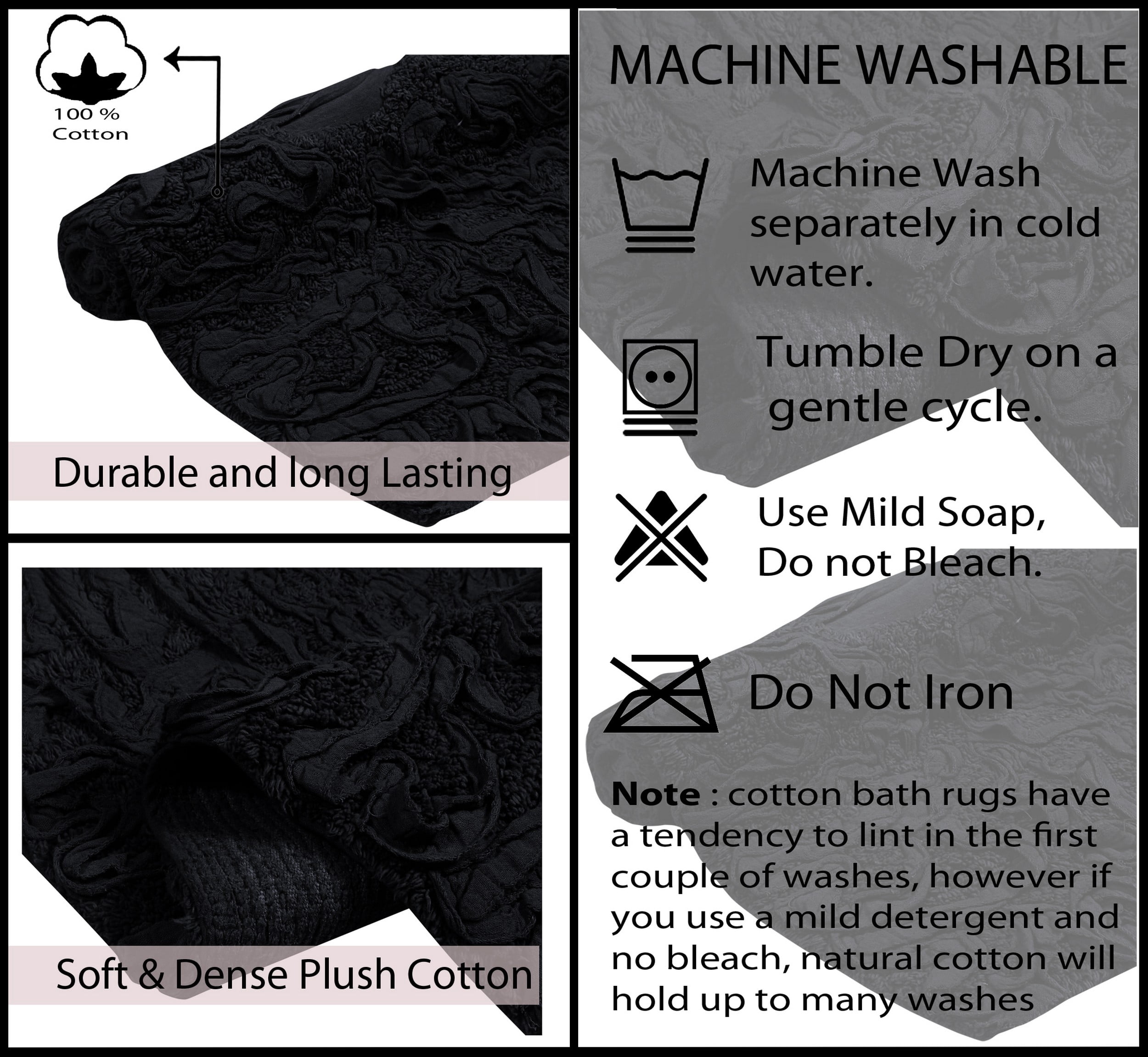 Home Weavers Bell Flower Collection 100% Cotton Non-Slip Bathroom Rug Set Machine Washable Bathroom Rug, Bath Rug, Bathroom Rug, Runner, Black Color 4 Piece Bath Rug set
