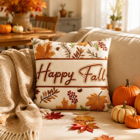 Beautynvta Happy Fall Pillow Cover, Vintage Embroidered Pumpkin Throw Pillowcase, Square Cushion Case with Maple Leaf Floral Print for Thanksgiving Farmhouse Couch Decor