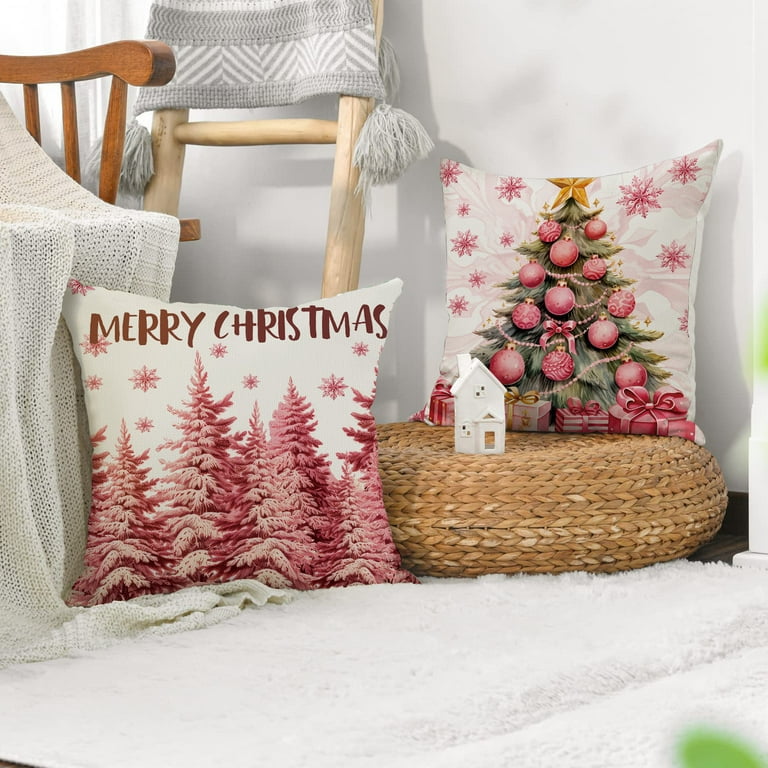 Herrnalise Christmas Pillow Covers 18x18 Inches for Christmas Decorations Santa Claus Christmas Tree Snowman Pink Bow Christmas Pillows Throw Pillow