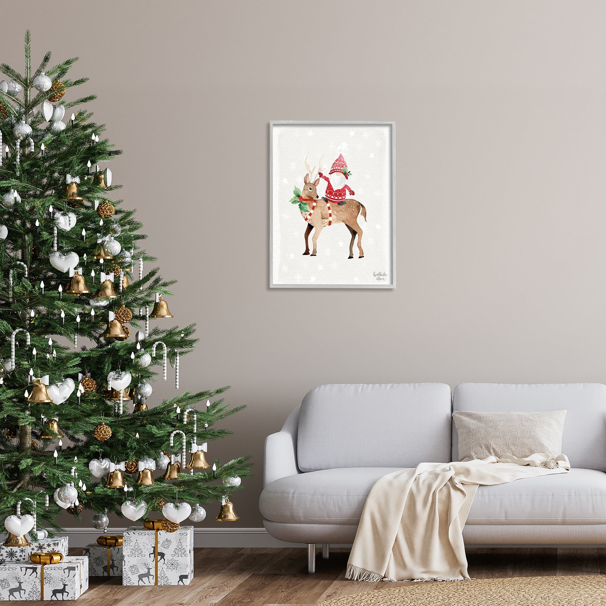 Stupell Industries Santa Claus Gnome Reindeer Holiday Patterned Stars Painting Gray Framed Art Print Wall Art, Design by Heatherlee Chan