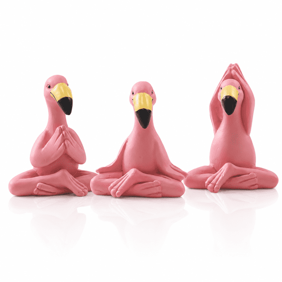 Calorisma Mini Yoga Flamingo Figurines, Set of 3, 2.4 in Pink Resin Flamingo Decor for Desk, Fairy Garden, Patio