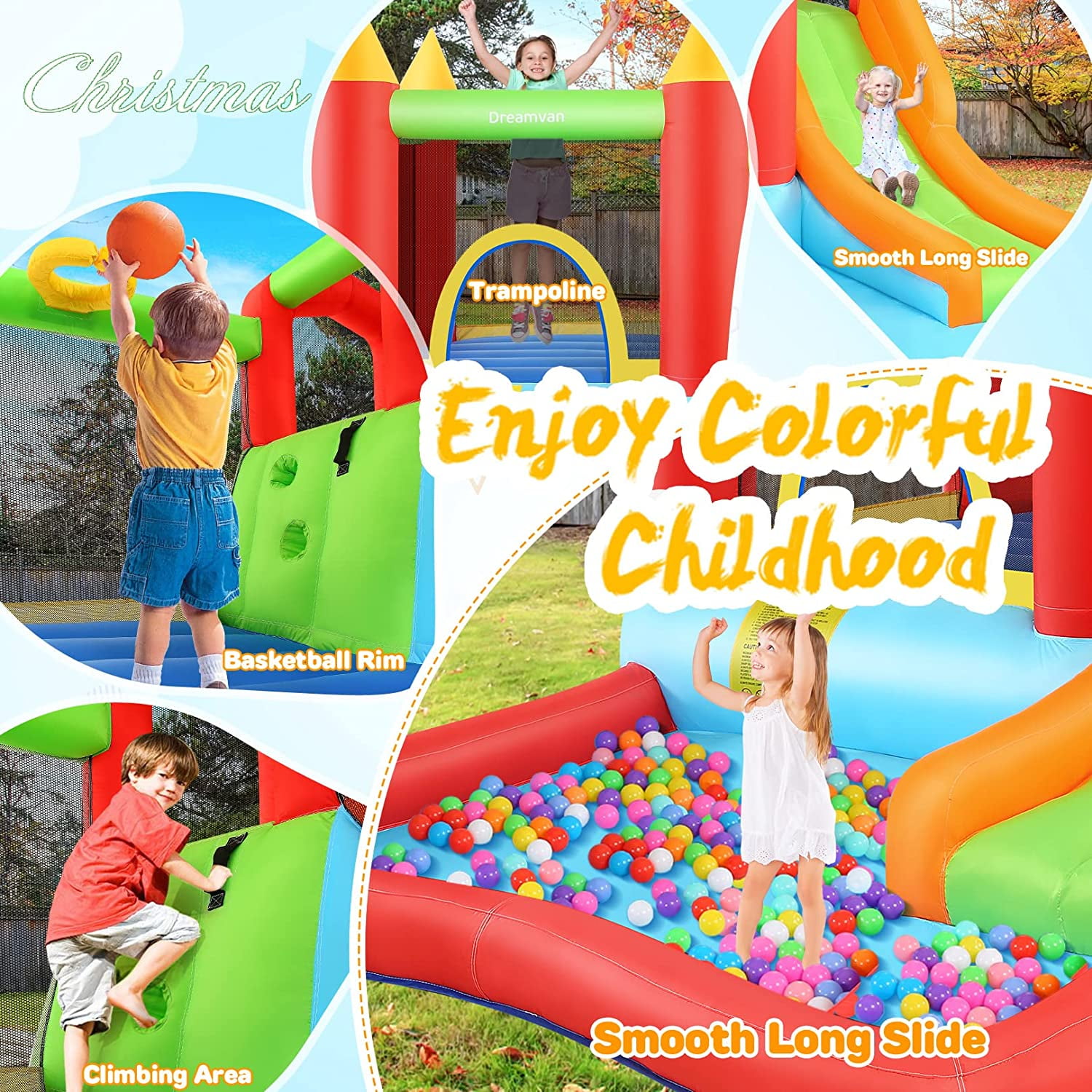 Veeboto Inflatable Bounce House with 370W Blower, Large Bouncy Castle with Slide & Bouncing Area, Climbing Wall, Jumping House for 3-10 Years Kids
