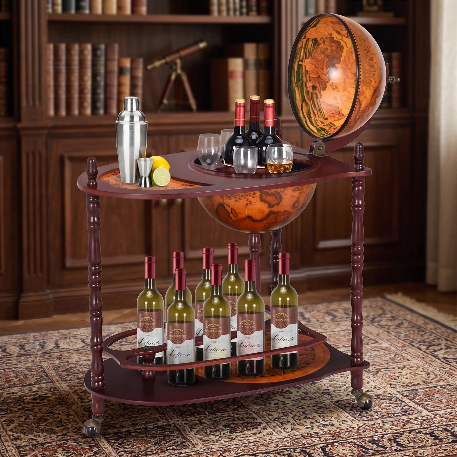 RUIE Vintage Globe Rolling Wine Bar Cart with Extra Shelf, Mobile World Map Liquor Storage Stand with 3 Casters for Home Kitchen Dining Room, Brown