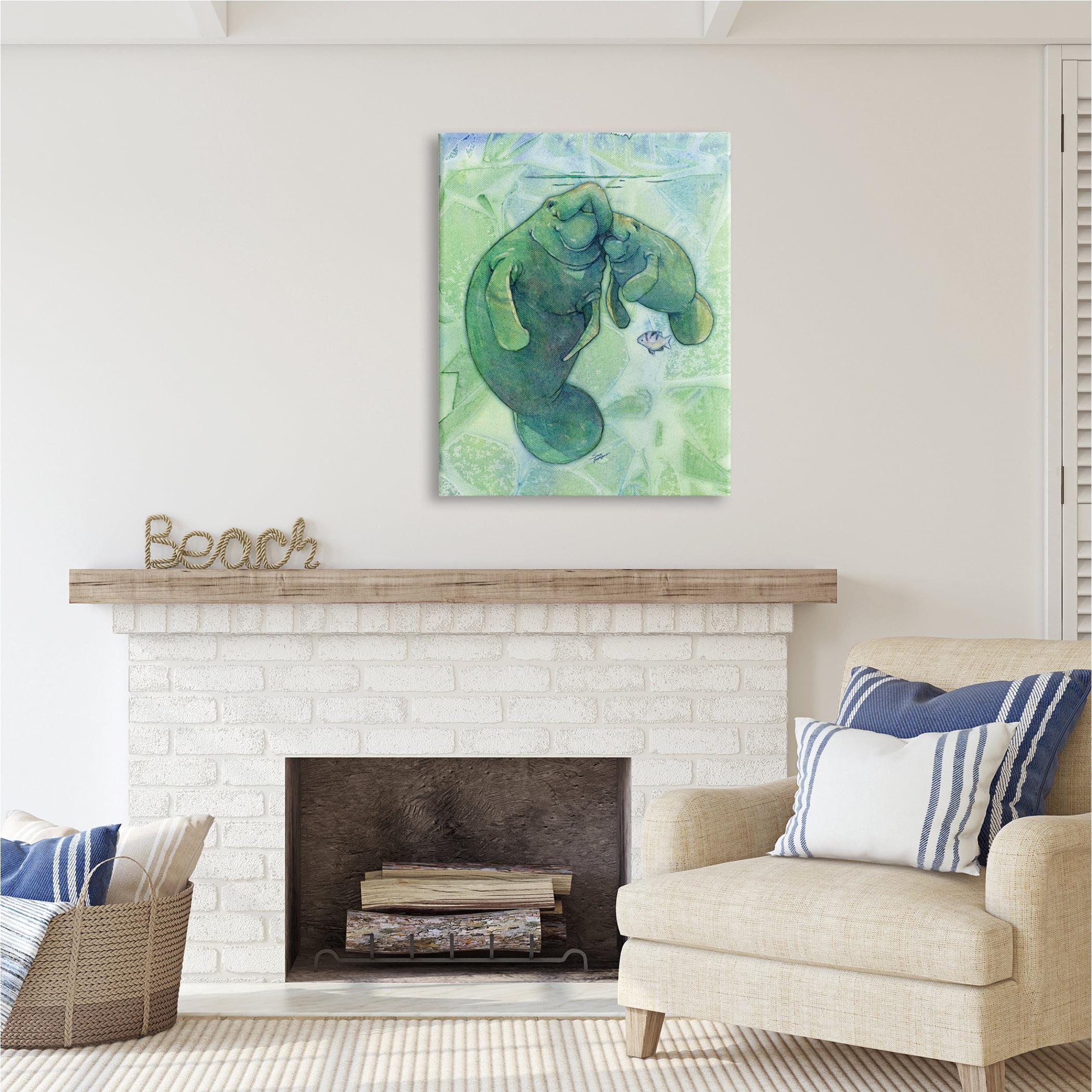 Stupell Industries Green Manatees & Fish Animals & Insects Painting Gallery Wrapped Canvas Print Wall Art, 30 x 40