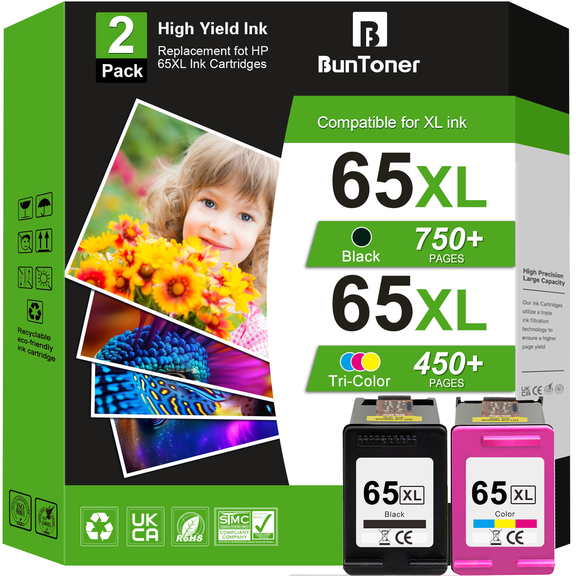 65XL Ink Cartridge Compatible for HP Ink 65 65XL Black Color Printer Ink HP 65 for DeskJet 2652 2655 3752 3755 3772 Envy 5052 5055 5058 (2 Pack)