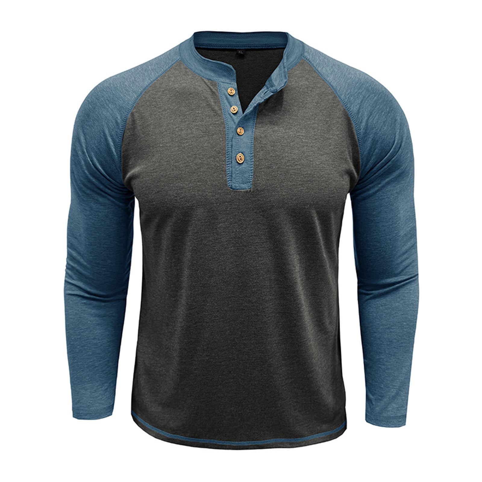 Feancey Cotton Henley Shirts for Men Raglan Long Sleeve Button Up Tshirt Color Block Fashion Baseball T-Shirts Slim Fit Casual Gym Muscle Tees Dark Gray 3XL